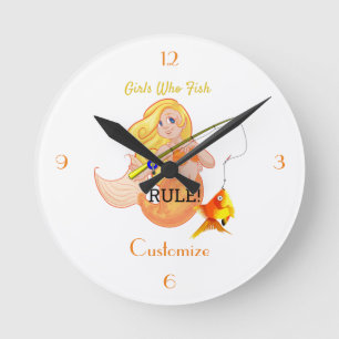 Funny Fishing Mermaid Girl Thunder_Cove Round Clock