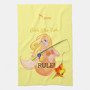 Funny Fishing Mermaid Girl Thunder_Cove Tea Towel