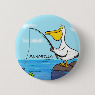Funny fishing pelican cartoon 6 cm round badge