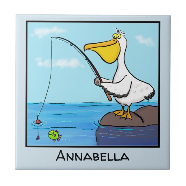 Funny fishing pelican cartoon ceramic tile (Front)