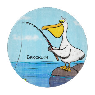 Funny fishing pelican cartoon cutting board