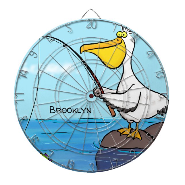 Funny fishing pelican cartoon dartboard (Front)