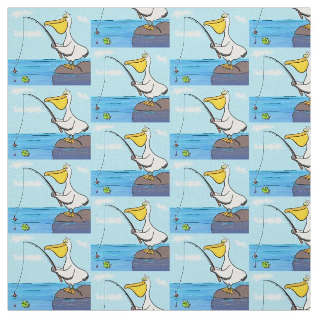 Funny fishing pelican cartoon fabric (Swatch)