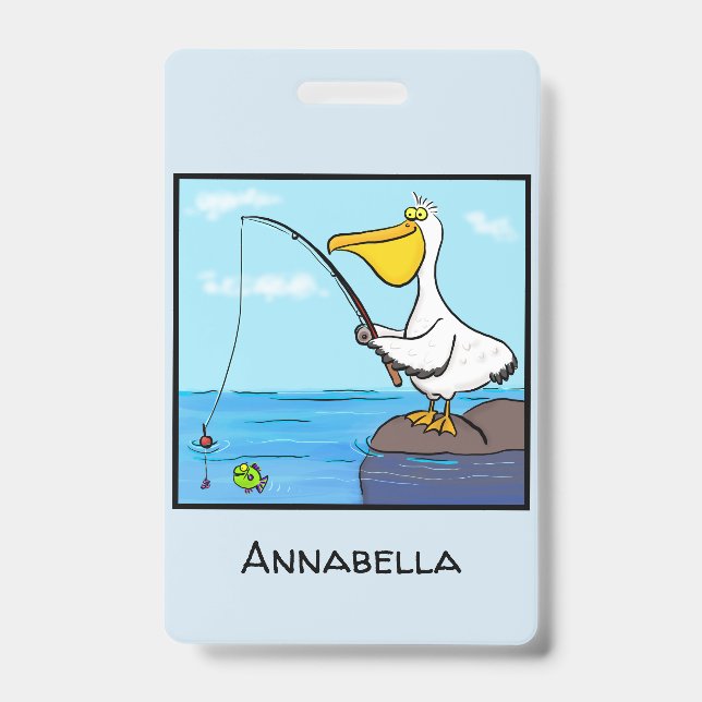 Funny fishing pelican cartoon ID badge (Front)