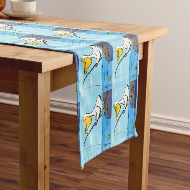 Funny fishing pelican cartoon short table runner (In Situ)