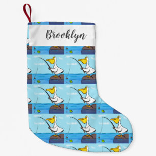 Funny fishing pelican cartoon small christmas stocking