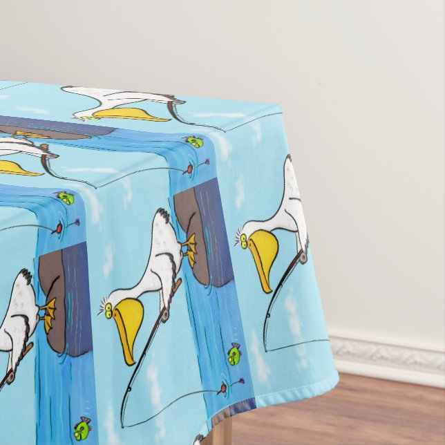 Funny fishing pelican cartoon tablecloth (In Situ)