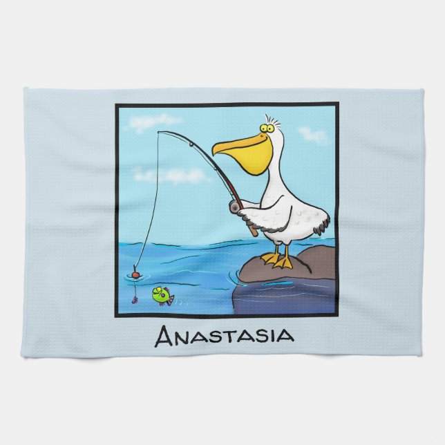 Funny fishing pelican cartoon tea towel (Horizontal)