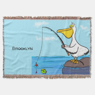 Funny fishing pelican cartoon throw blanket