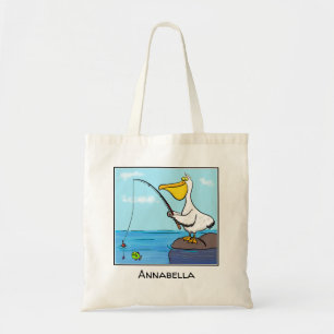 Funny fishing pelican cartoon tote bag