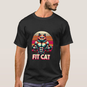 Funny Fit Cat Gym - Retro Sunset Fitness T-Shirt