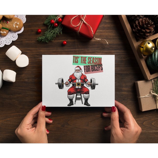 Funny Fitness Christmas Bicep Curls Barbell Santa Thank You Card (Fitness Santa Bicep Curl Christmas Card Quote)