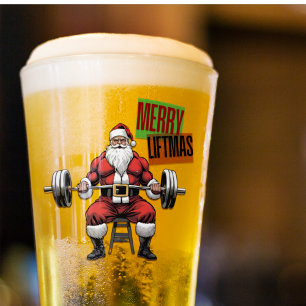 Funny Fitness Christmas Liftmas Barbell Santa Beer Glass