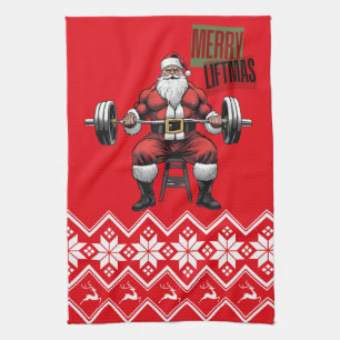 Funny Fitness Christmas Liftmas Barbell Santa Gym Tea Towel