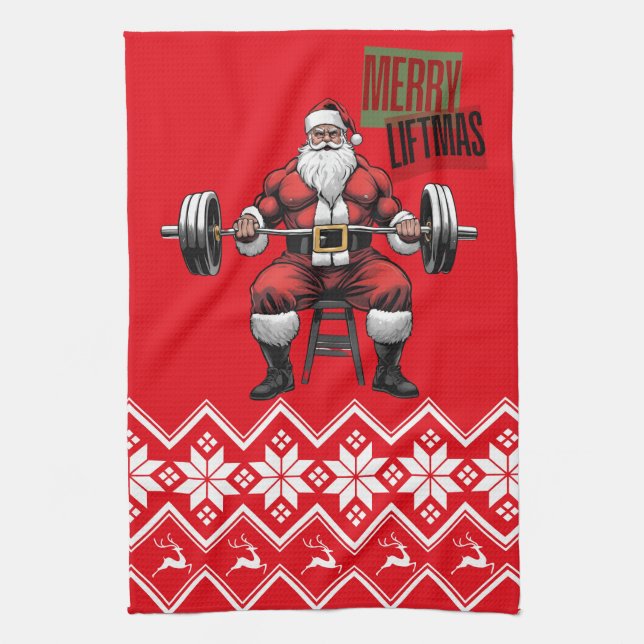 Funny Fitness Christmas Liftmas Barbell Santa Gym Tea Towel (Vertical)