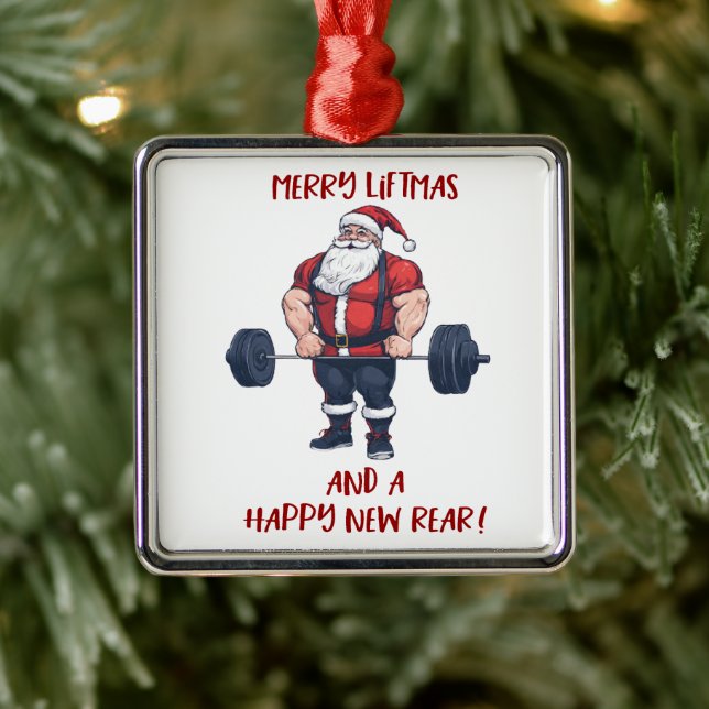 Funny Fitness Christmas Liftmas Barbell Santa Metal Ornament (Tree)