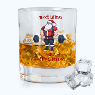 Funny Fitness Christmas Liftmas Barbell Santa Pun Whiskey Glass