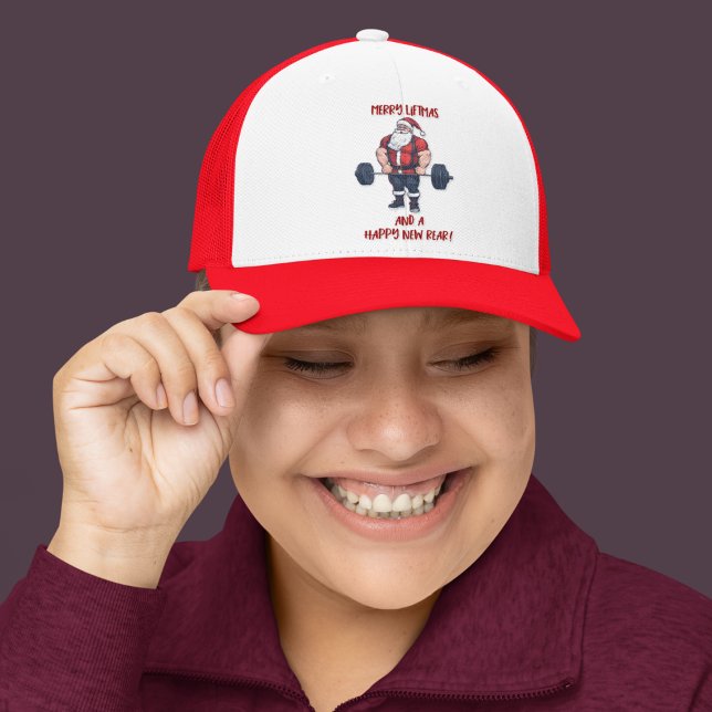 Funny Fitness Christmas Liftmas Barbell Santa Trucker Hat (Merry Liftmas! That's what swole santa says when lifting weights)