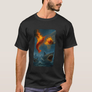 Funny Flaming Shrimp Slam Dunking Over Some Sharks T-Shirt