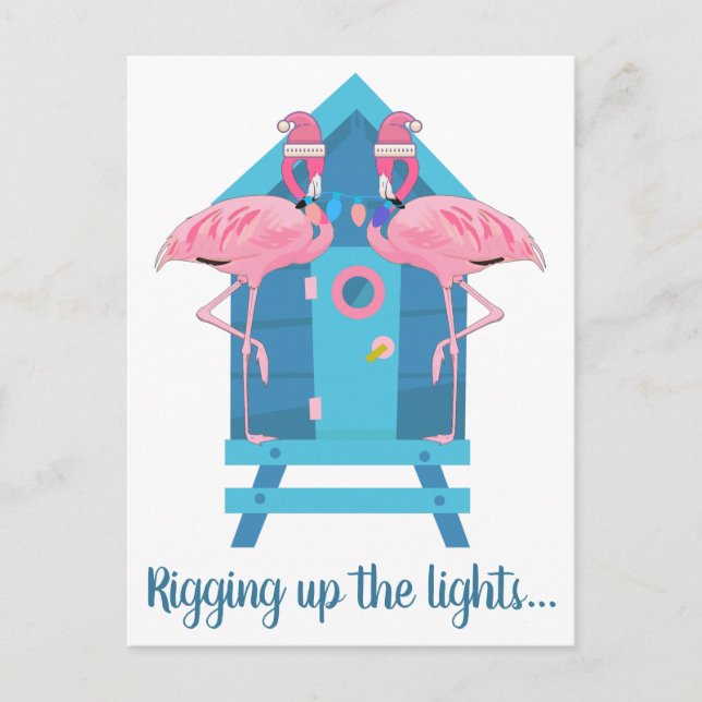Funny Flamingo Christmas Lights Beach Hut Postcard (Front)