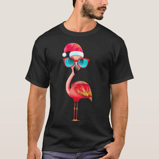 Funny Flamingo Christmas Santa Hat Sunglasses Summ T-Shirt (Front)