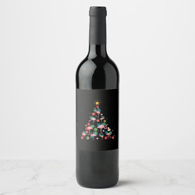 Funny Flamingo Christmas Tree Wine Label (Front)