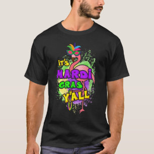 Funny Flamingo Jester Hat Beads Mask It's Mardi Gr T-Shirt