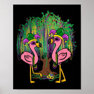 Funny Flamingo Mardi Gras Carnival Beads Tree Jest Poster