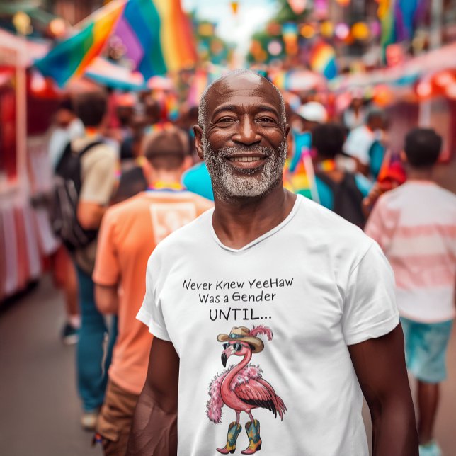 Funny Flamingo Rodeo Drag Queen LGBTQ T-Shirt (Flamboyant flamingo LGBTQ pride shirt on Black Gen X  male model. Western drag look boa and boots.)