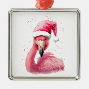 Funny flamingo santa hat Merry tropical Christmas  Metal Ornament