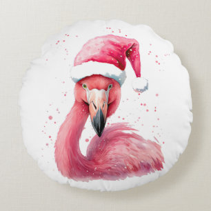 Funny flamingo santa hat Merry tropical Christmas Round Cushion