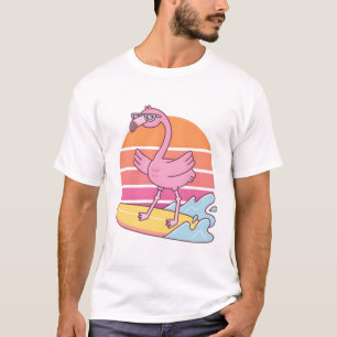 Funny Flamingo Surfing On Surfboard Sunset T-Shirt