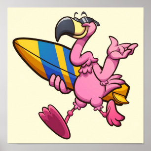 Funny Flamingo with Surf Board Poster