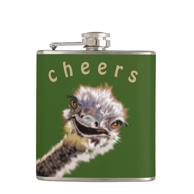 Funny Flask Cheers Playful Happy Ostrich - Smile (Front)