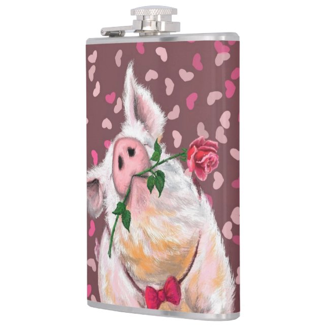 Funny Flask Gentleman Pig with Rose (Left)