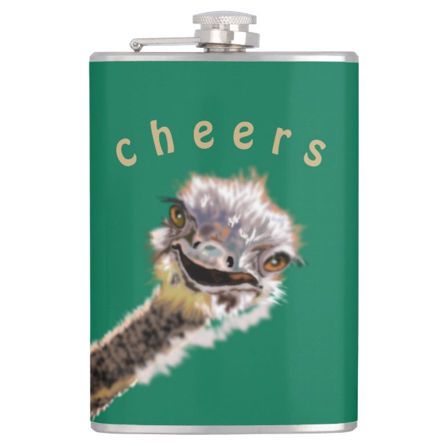 Funny Flask Playful Ostrich Cheers - Your Text (Front)