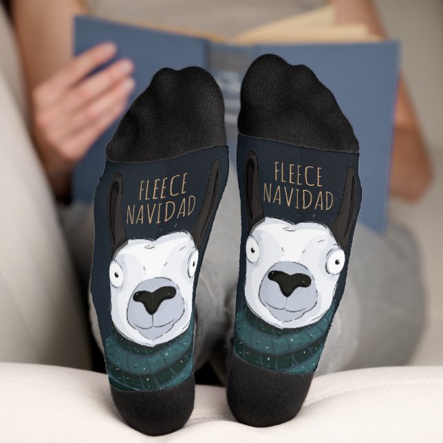 Funny “Fleece Navidad” Llama with Stripes on Blue  Socks (Bottom)