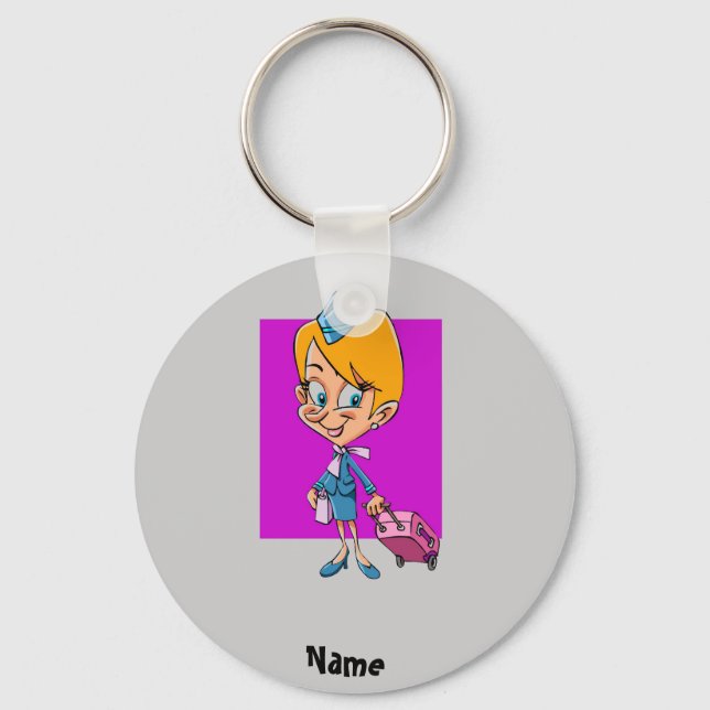 Funny flight attendant cartoon air hostess key ring (Front)
