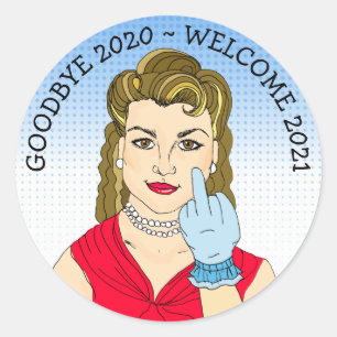 Funny Flipping the Bird Retro Lady Classic Round Sticker