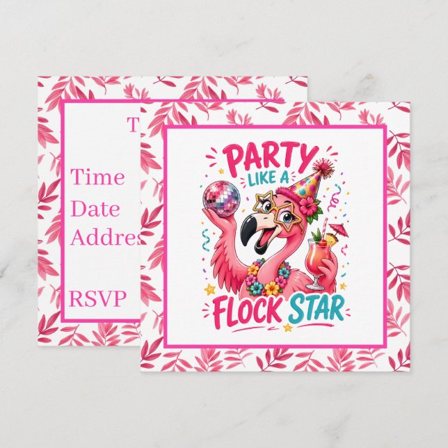 Funny flock star pink flamingo party invitation (Front/Back)