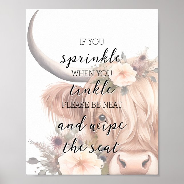 Funny Floral Farm Animal Highland Cow Bathroom Poster (Front)