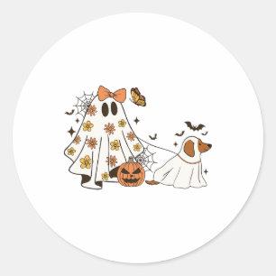 Funny Floral Ghost Walking Dog Halloween Ghost Dog Classic Round Sticker
