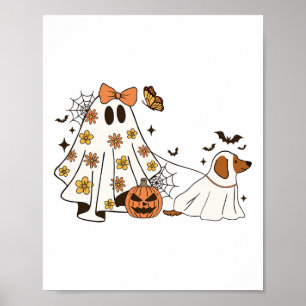 Funny Floral Ghost Walking Dog Halloween Ghost Dog Poster