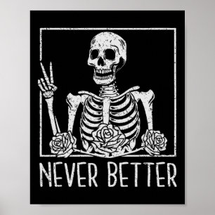 Funny Floral Halloween Skeleton Drinking Coffee Ne Poster