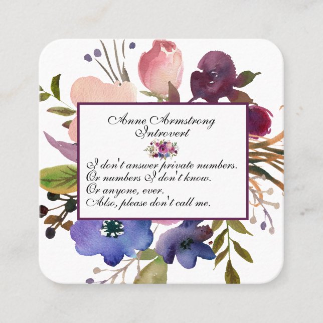 Funny Floral Introvert Square Business Card (Front)