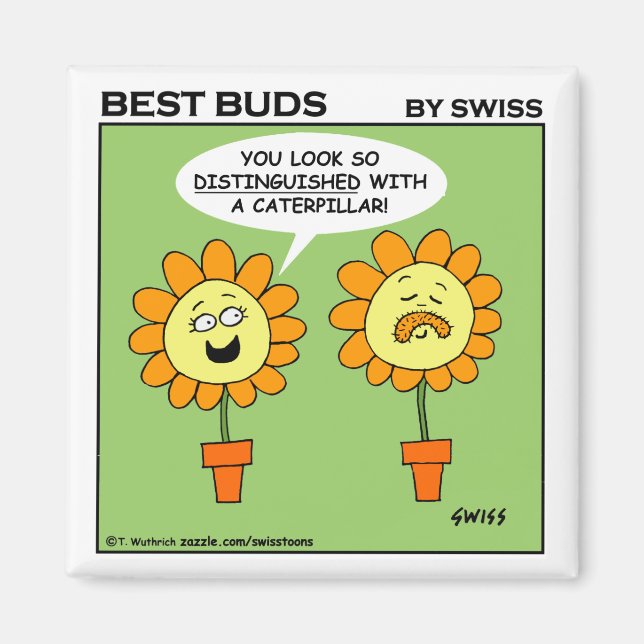 Funny Flowers Moustache Caterpillar Cartoon Magnet (Front)