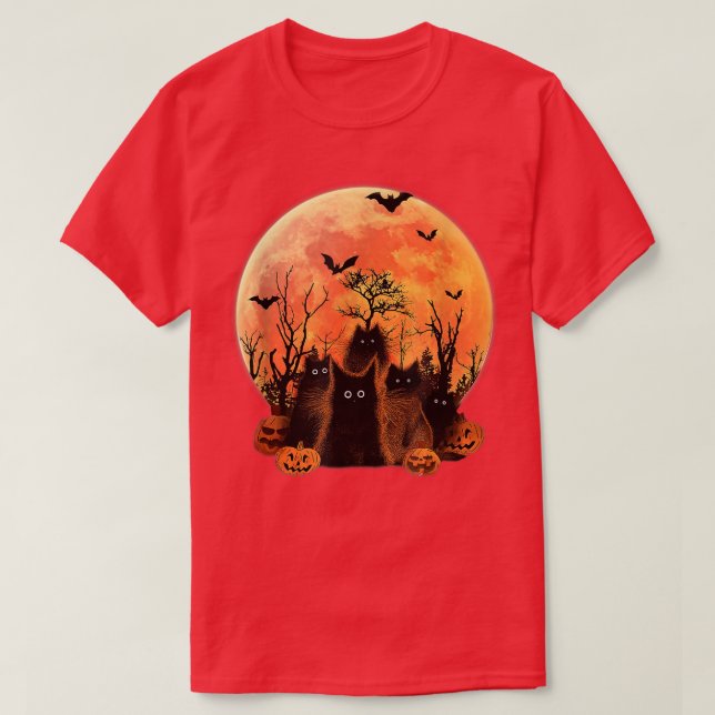Funny Fluffy Black Cats Moon Pumpkin Bats Hallowee T-Shirt (Design Front)