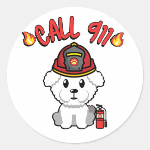 Funny Fluffy dog is a firefighter Classic Round Sticker