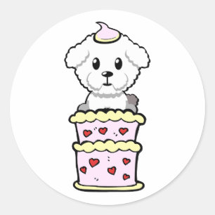 Funny fluffy dog jumping out of a cake classic round sticker