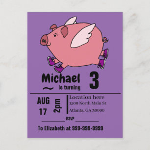 Funny Flying Pig Birthday Party Invitation Postcard